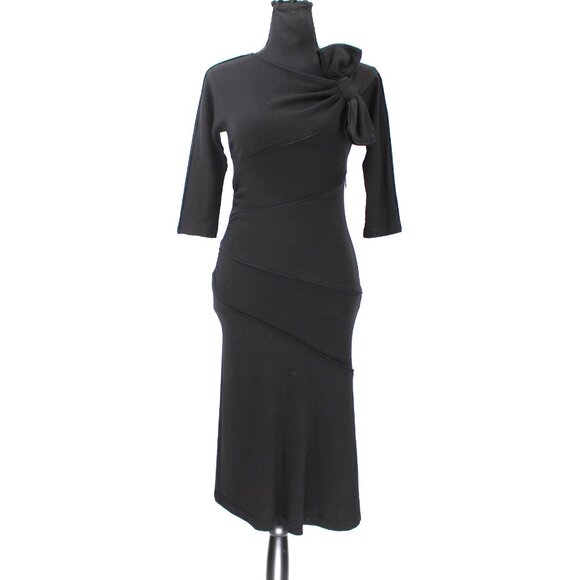 Diane von Furstenburg Slater Black Wool Bow Midi Dress 3/4 Sleeves 2 - Picture 2 of 8
